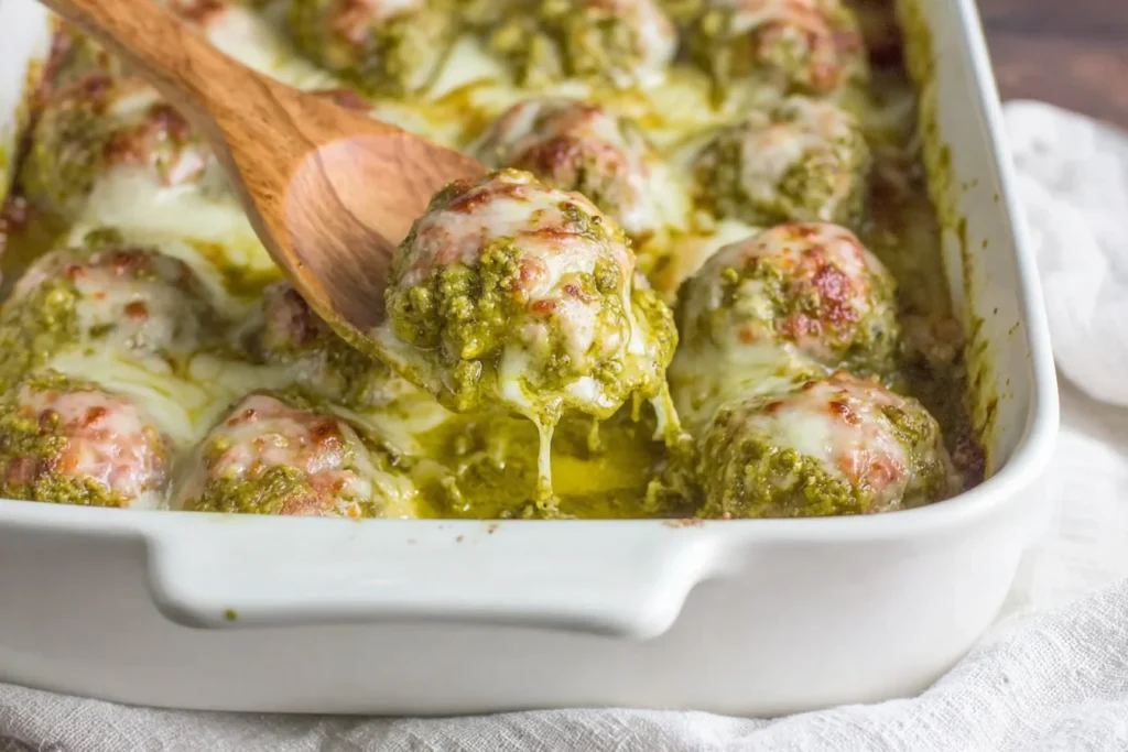 Pesto Baked Turkey Meatballs Close Up Cheesy 1024x683 2