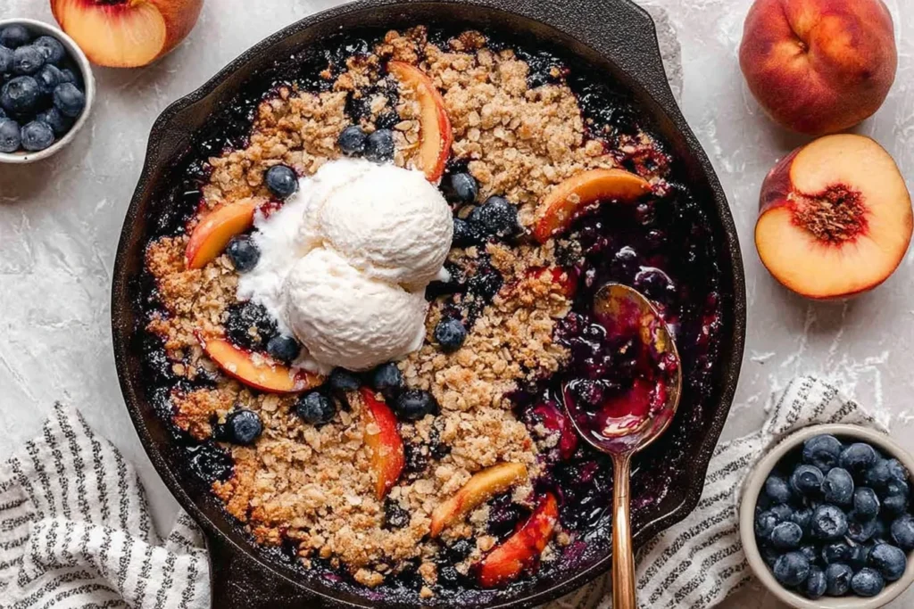 Skillet Blueberry Peach Crumble with Ice Cream 1024x683 1