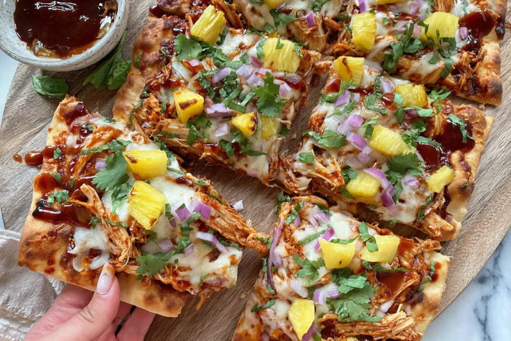 BBQ Chicken Pineapple Flatbread Slices with Extra BBQ Sauce 1024x683 2