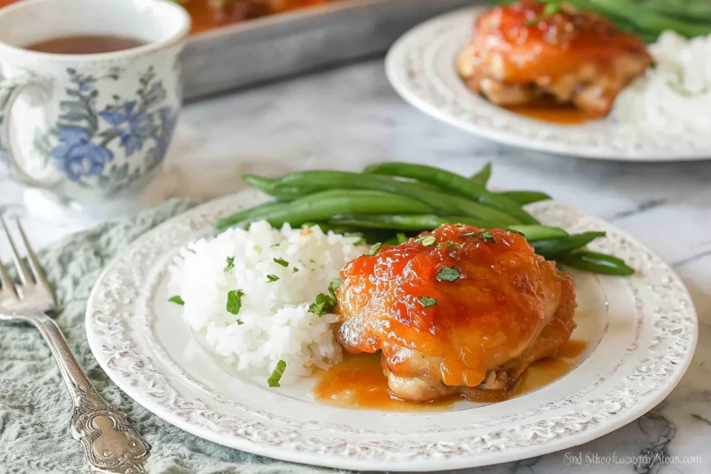 Baked Apricot Chicken Thighs with Rice Green Beans 1024x683 2