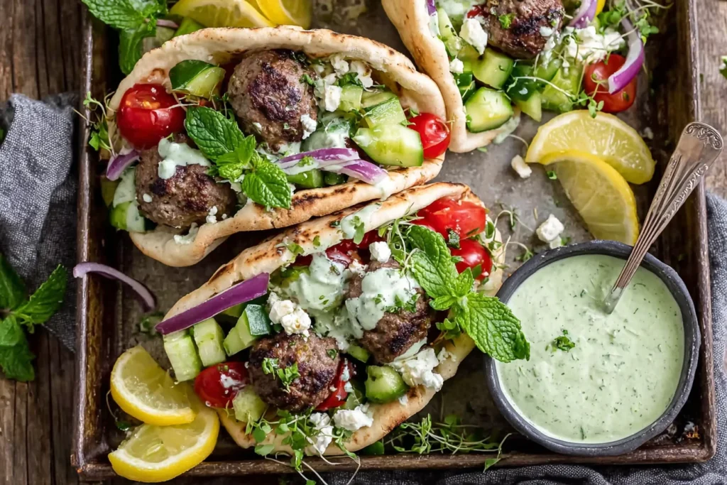 Mediterranean Meatball Stuffed Pitas with Mint Yogurt Sauce 2 1024x683 2